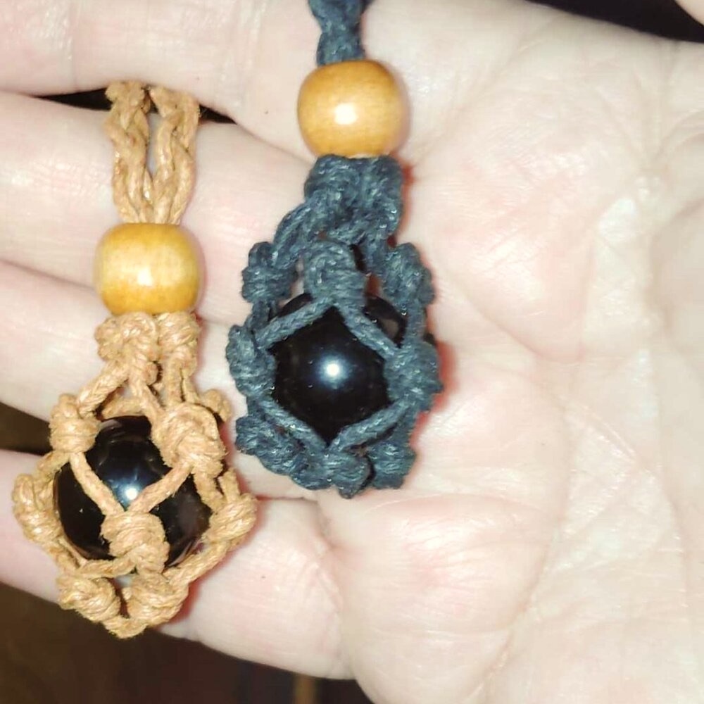 NWT Natural Obsidian Ball Quartz Crystal Woven In A 14" Cord Necklace 15mm Stone